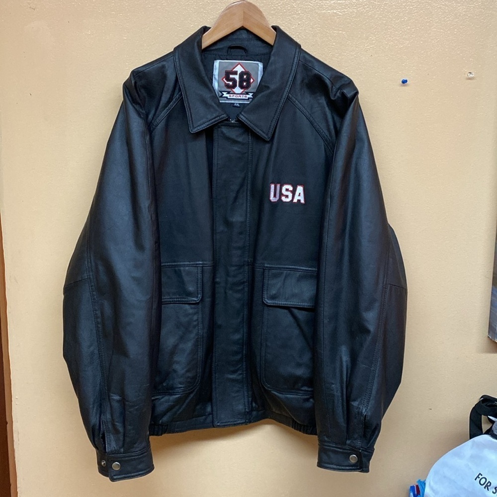 Vintage Y2K 58 Sports USA Black Leather Embroidered American Flag Jacket - Picture 3 of 14